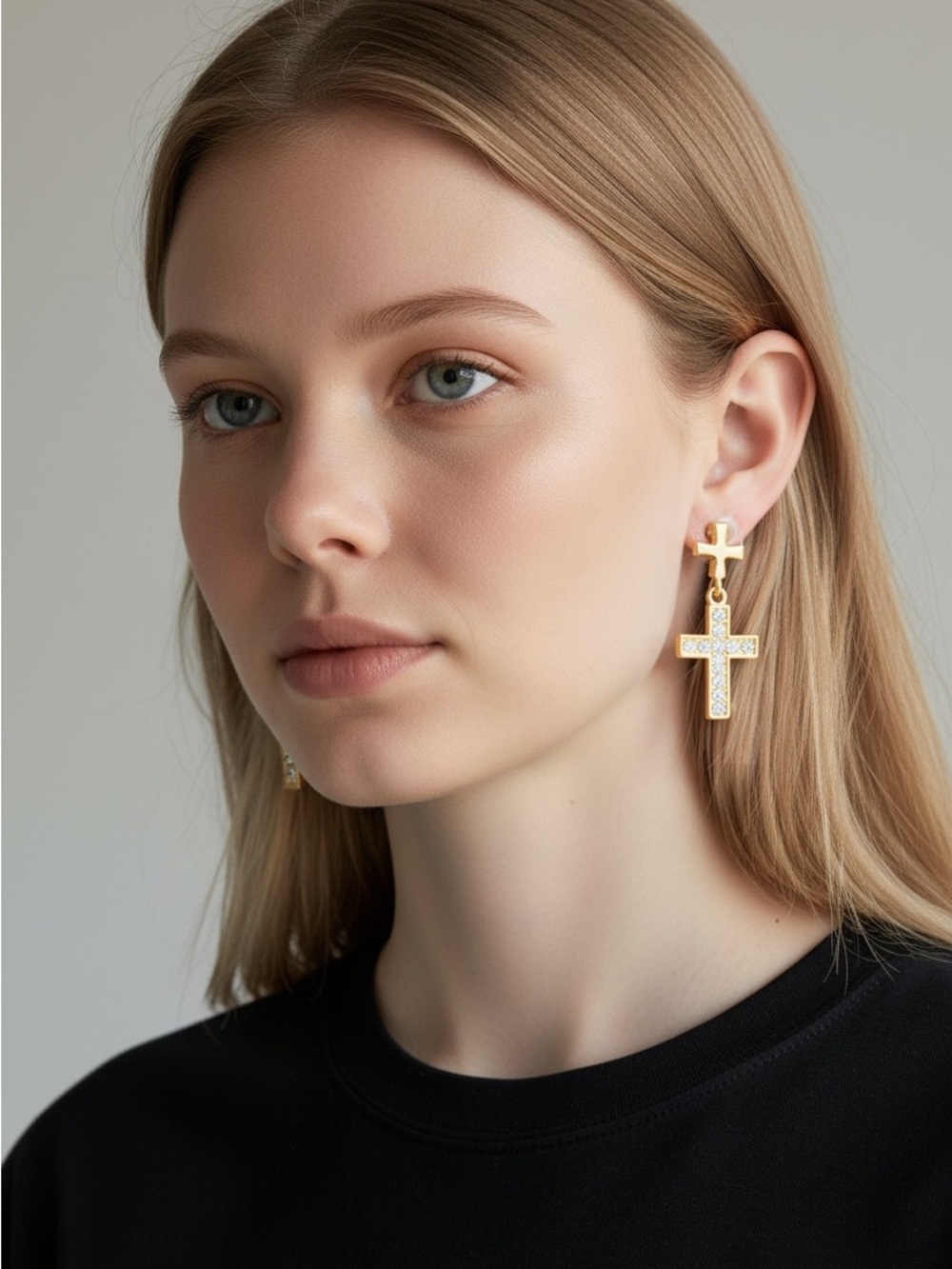 Gold Tone Cross Drop Earrings Clear Simulated Rhinestones